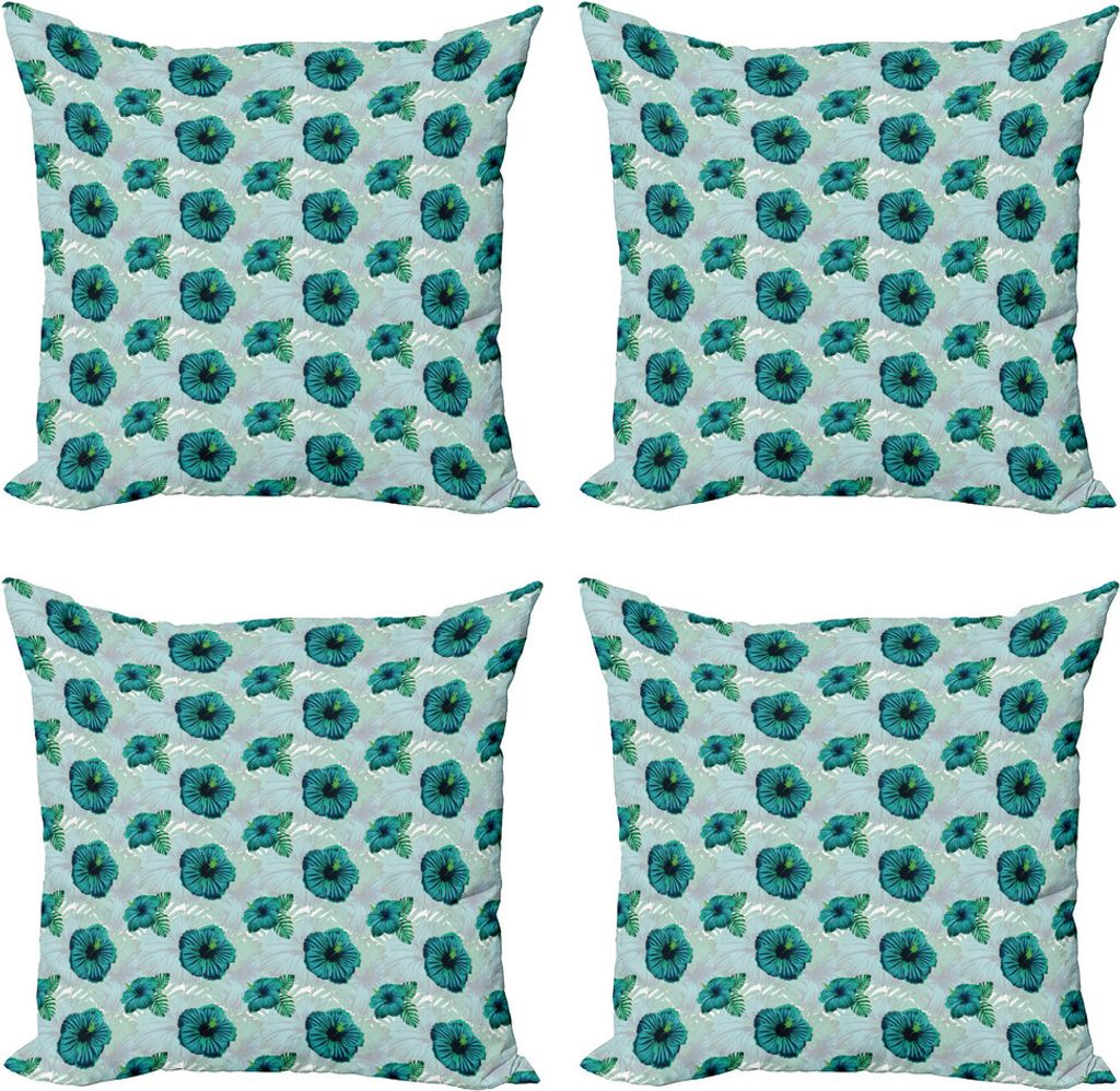 ABAKUHAUS Tropisch Kissenbezug Set (4 Stück), Hawaiian Jungle Hibiscus, Moderner Doppelseitiger Digitaldruck, 45 cm x 45 cm, Seafoam Teal
