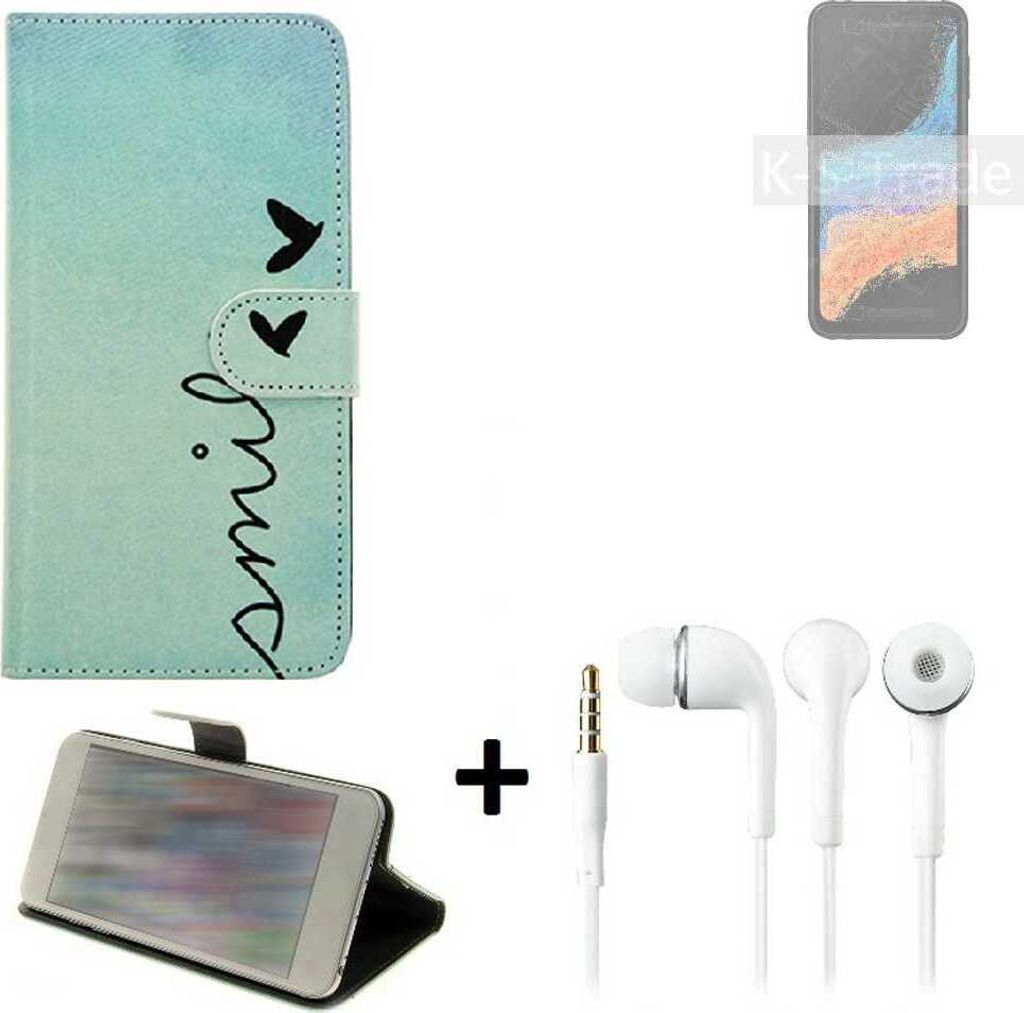 K-S-Trade Schutz Hülle Handy Hülle kompatibel mit Samsung Galaxy XCover6 Pro 360° Wallet Case Schutz Hülle ''smile'' inkl. Ohrstöpsel Smartphone