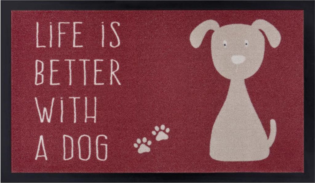 Waschbare Fußmatte Hund & Katze Motive 45x75 cm, Farbe:Life is better dog weinrot