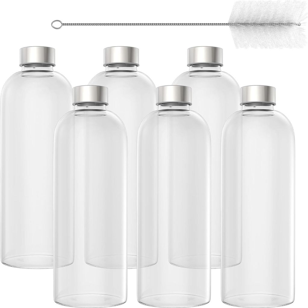 JOIEYOU Glasflasche mit Edelstahl Deckel 1000ml Trinkflasche aus Glas mit Reinigungsbürste Glastrinkflasche Luftdicht Auslaufsicher Wasserflasche ...