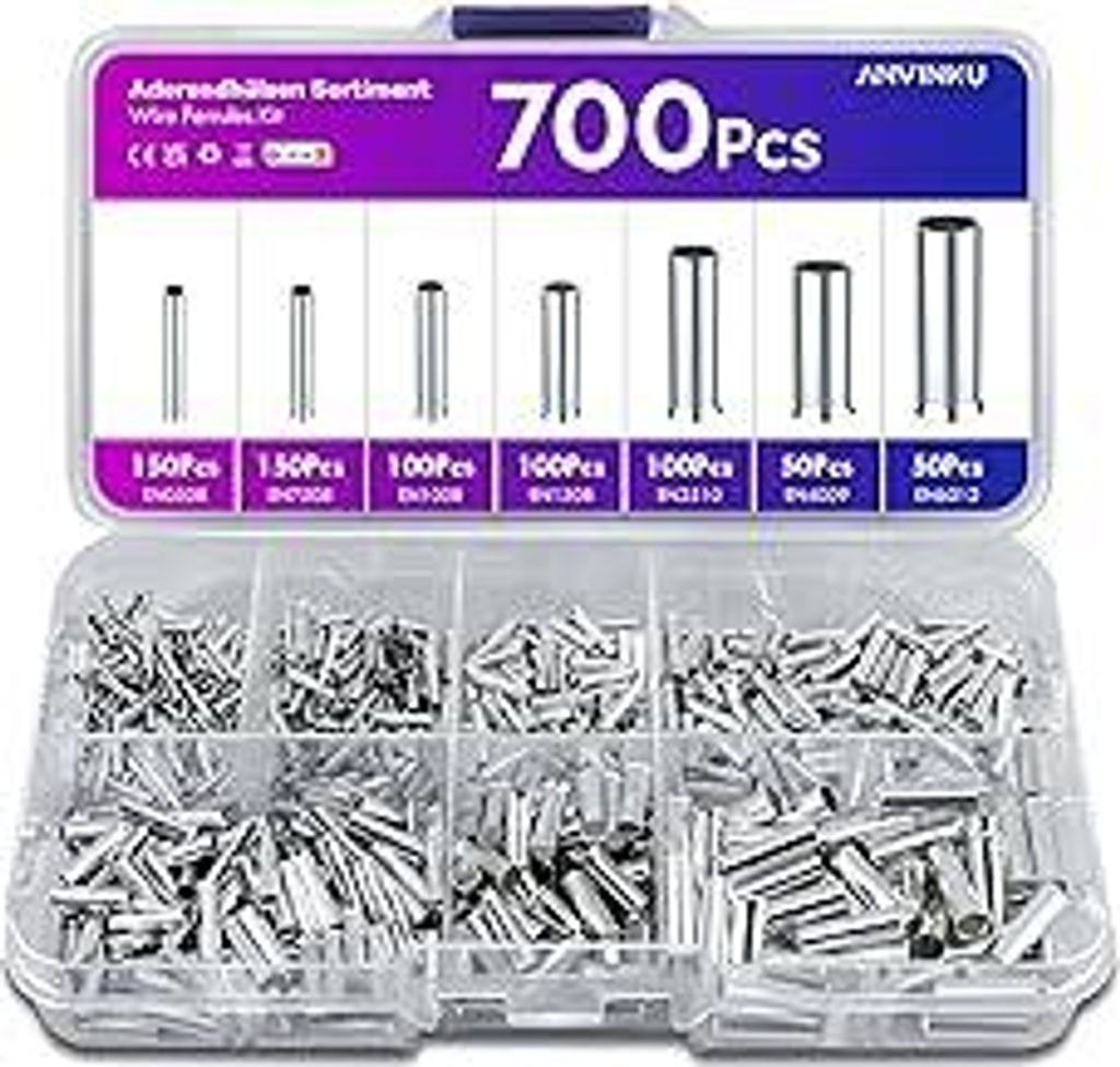 700 Stück Aderendhülsen Set, 7 Arten Unisoliert Aderendhülsen Sortiment, 10-22 AWG Unisolierte Aderendhülsens Set für DIY elektrische Projekt ...