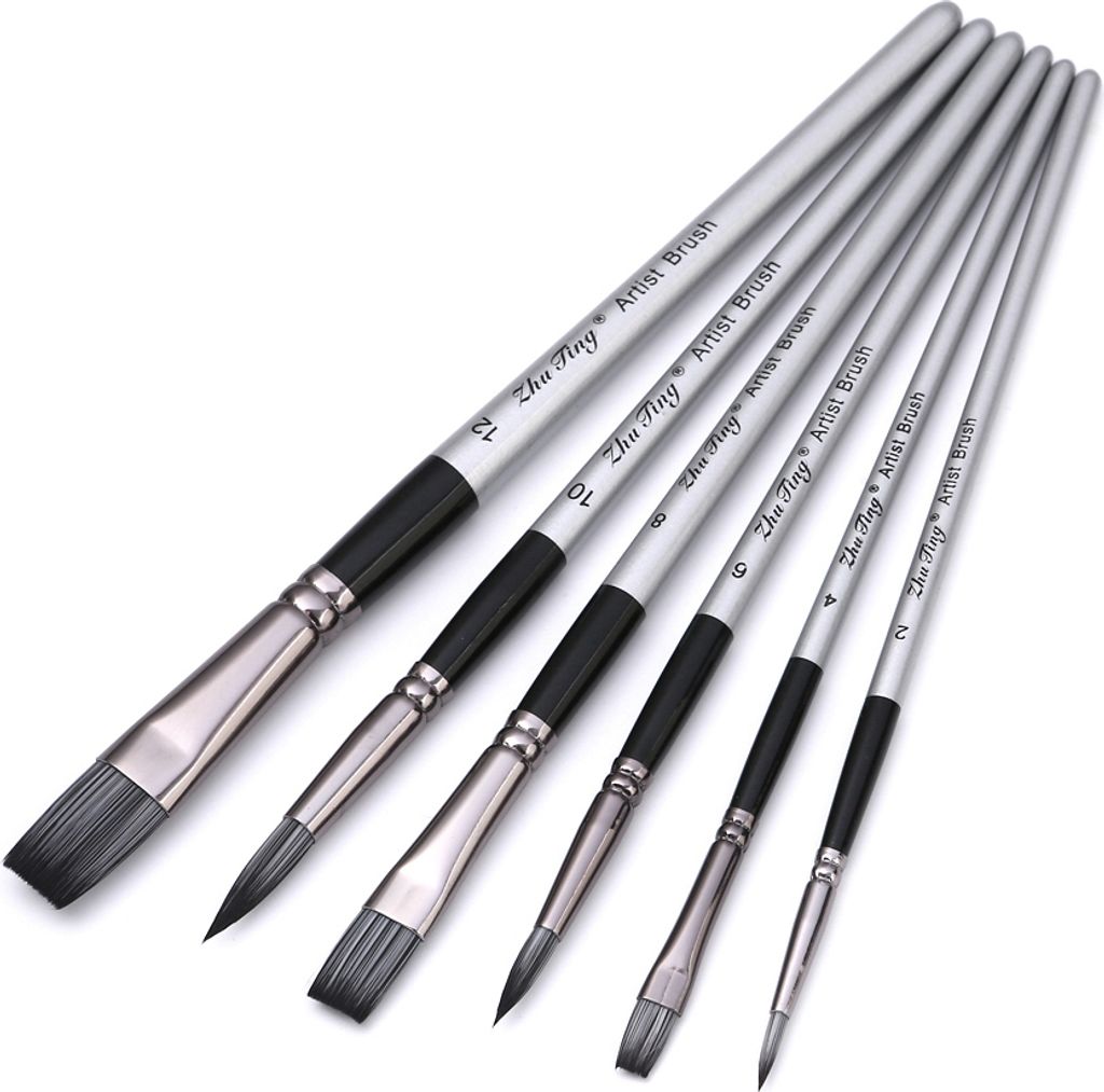 6-teiliges Pinselset, flacher, runder Pinsel fuer Aquarell- und Gouachemalerei, Nylonhaar und Holzgriff, Geschenk fuer Anfaenger, Studenten, Kuenst...