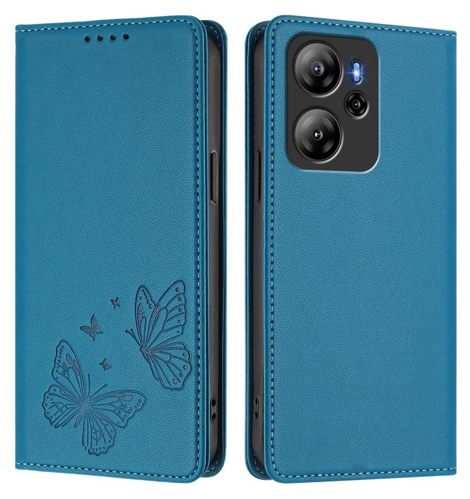 Lederhülle für Oscal Tiger 13, Schmetterling Prägung Leder Brieftasche Schutzhülle mit Ständer Blau