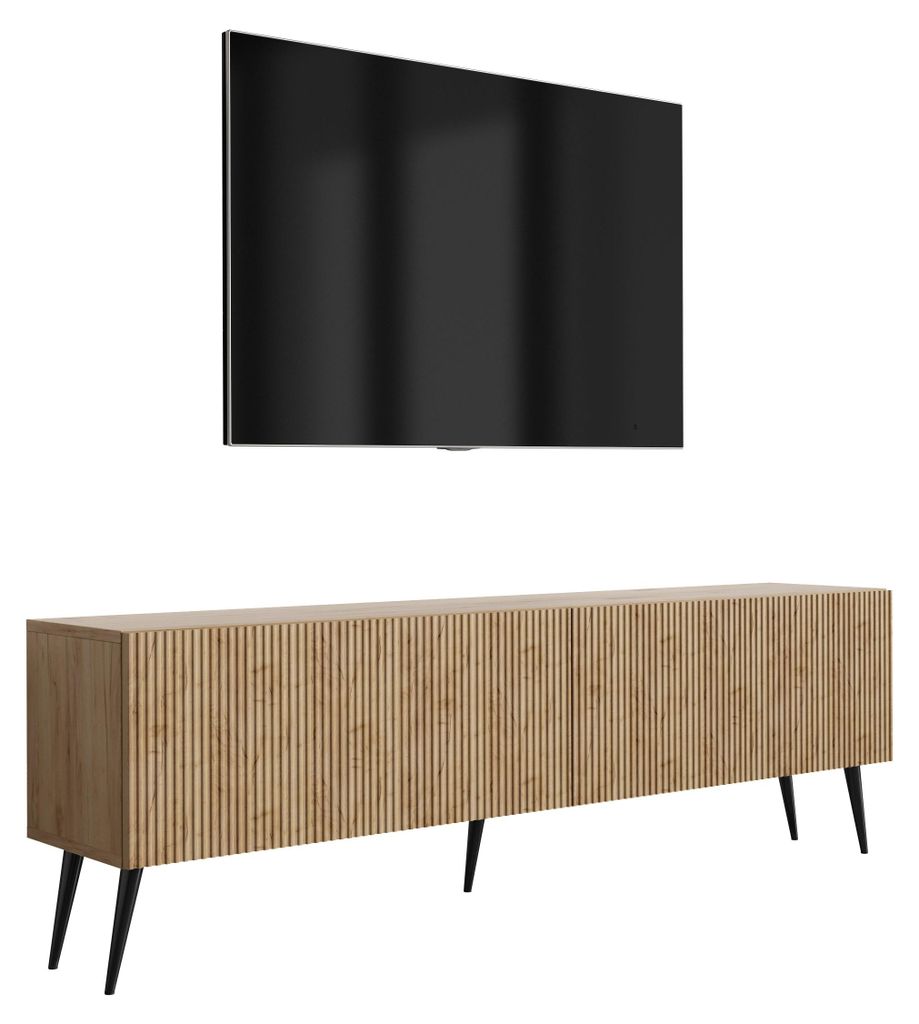 TV-Schrank mit geriffelte Fronten, Eiche Craft, schwarze, schräge Beine, 170 × 32 × 52 cm