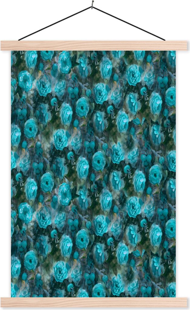 MuchoWow Textilposter Blumen - Rosen - Blau 120x180 cm mit holzfarbenen Rahmen - Textil-Plakat