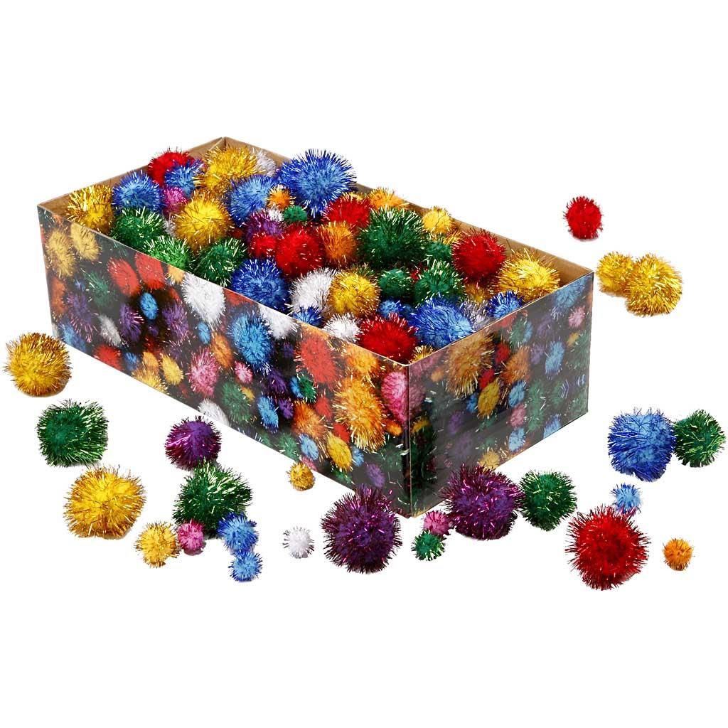 Creativ company pom-poms, d 15-40 mm, glitter, ca. 400 stuk, sterke kleuren, 400 gr 1 doos