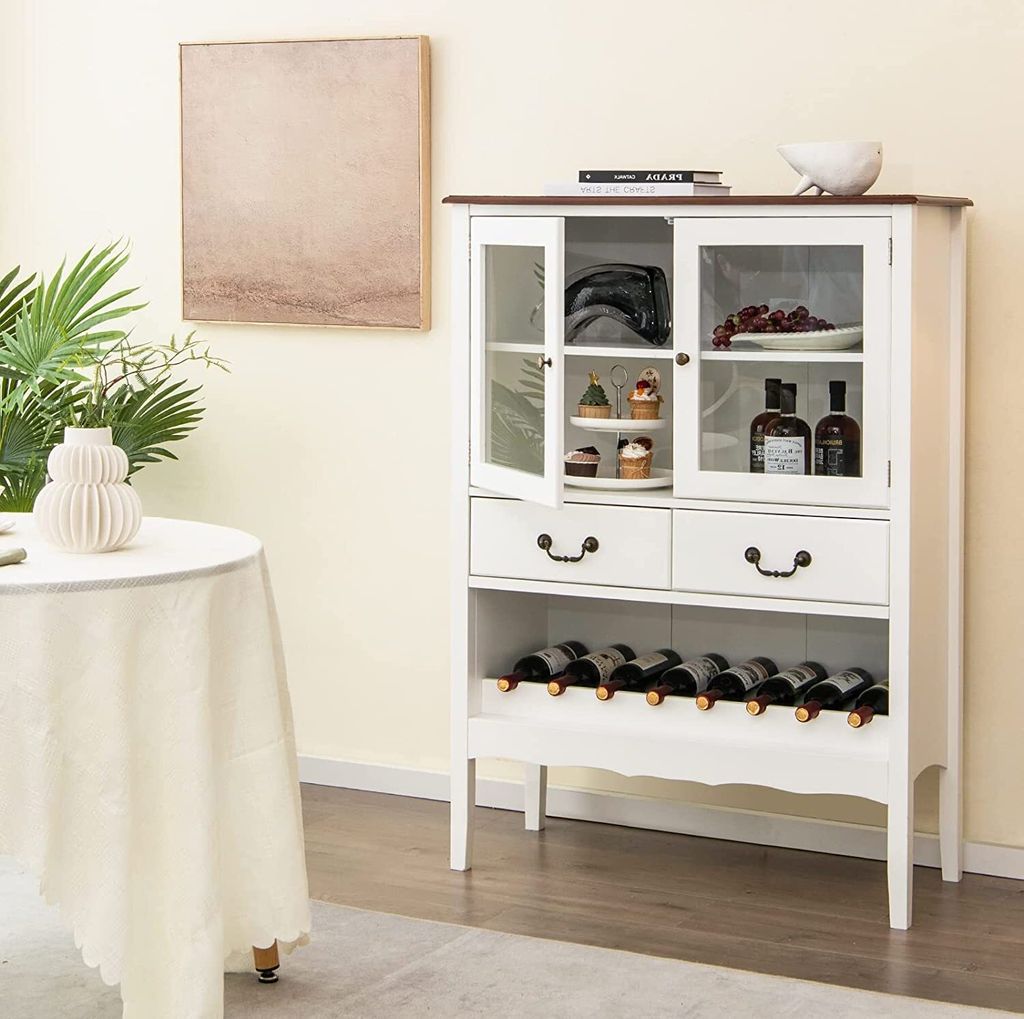 Weinschrank Weinregal Sideboard, Küchenschrank Buffetschrank mit 2 Glastüren & 2 Schubladen, Flaschenregal für 8 Flaschen, Aufbewahrungsschrank ...