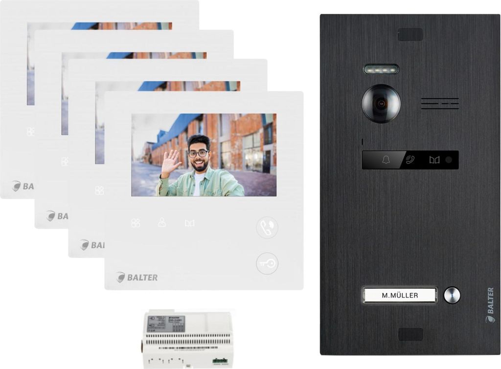 BALTER EVO MINI Video Türsprechanlage Anthrazit Set für 1-Familienhaus 4x 4,3" Monitor