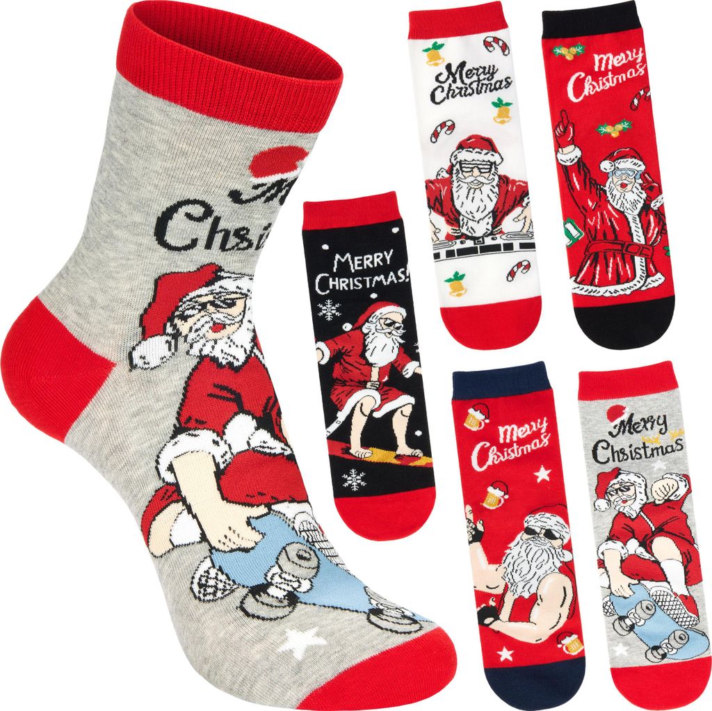 BRUBAKER 5 Paar Weihnachtssocken - Cool Santa mit Skateboard, Muskeln und als DJ - Lustige Herren Socken Weihnachten, Größe 41-45