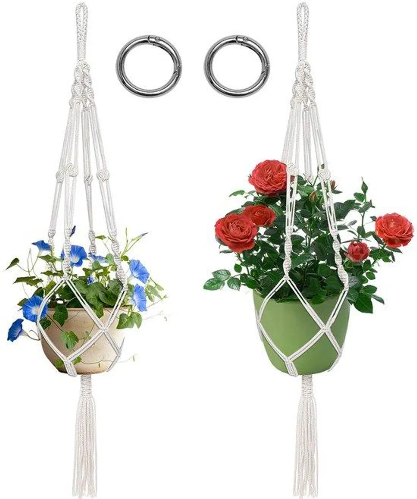 Suspension Plante Macramé et Pot Plastique pour Jardin et Balcon - 2 Set