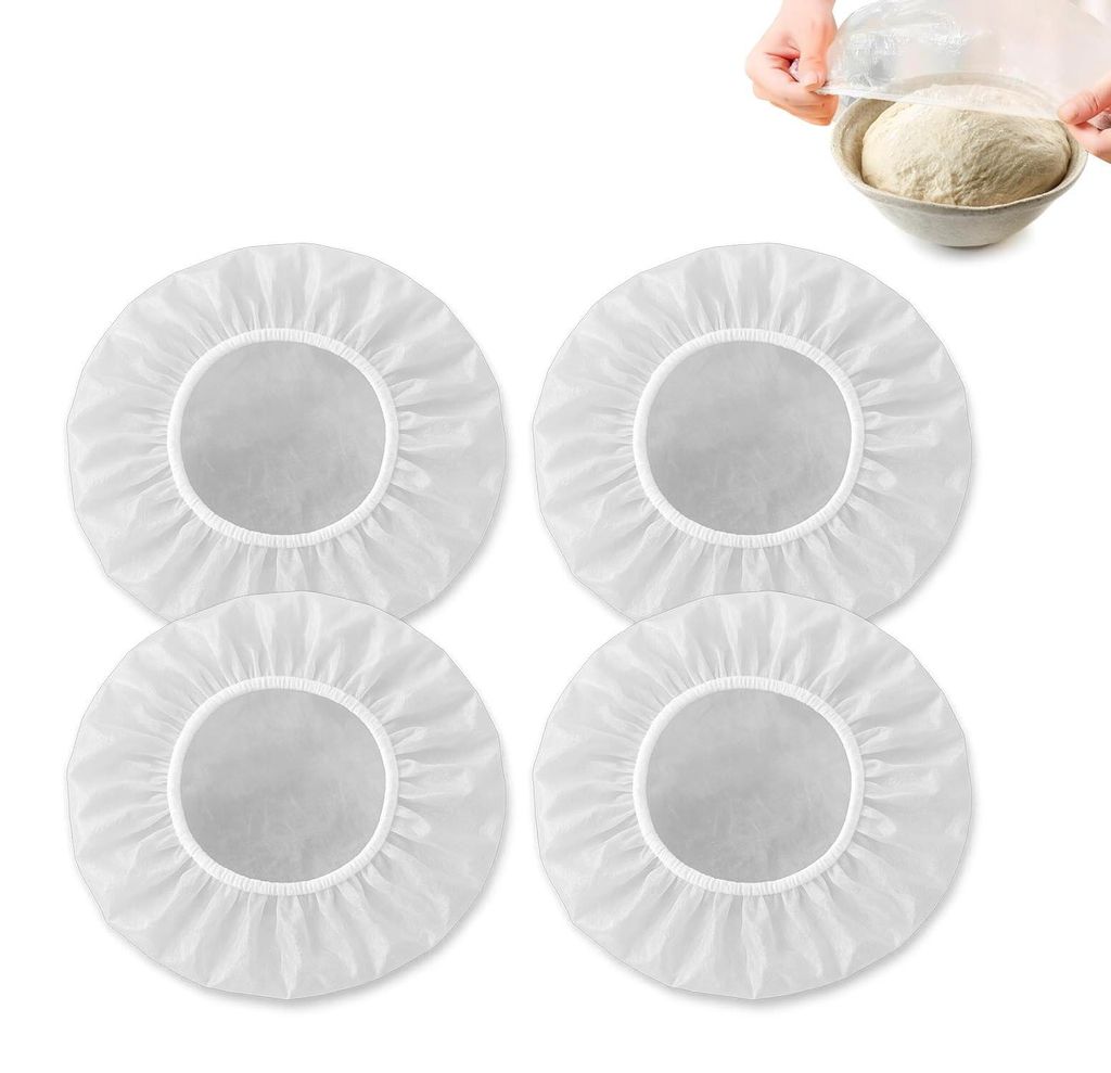 4-teiliges Set mit Abdeckungen für Brotbackzubehör, Gärkörbe, runde Schüsseln, Sauerteigstarter, Gummibänder und Gefrierbeutel.