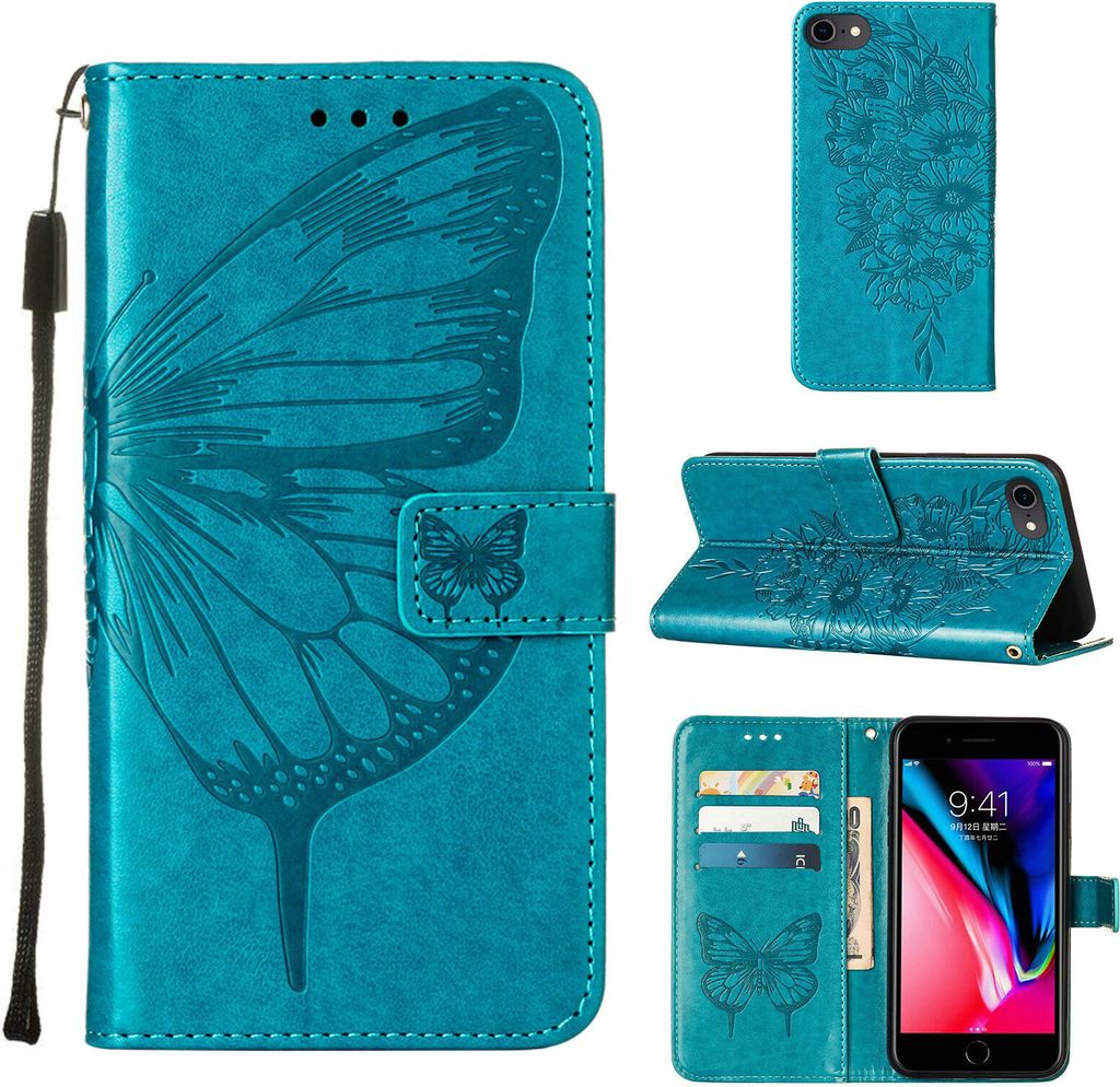 iPhone SE 2020 Hülle, Schmetterling Prägung Flip Leder Kartenfächer Schutzhülle Ledertasche mit Ständer für iPhone SE 2020 / 8 / 7 / 6s / 6 Blau