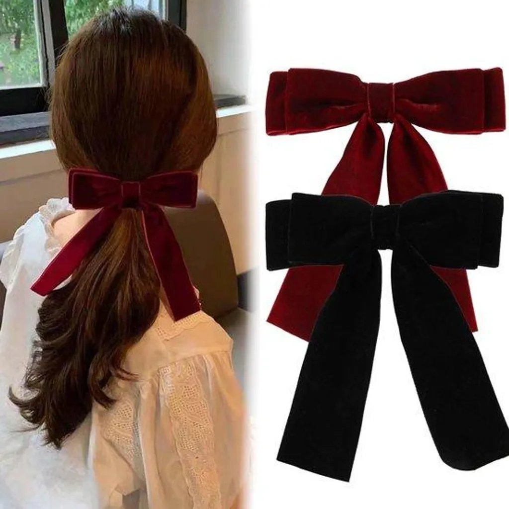 Accessoires cheveux : Barrettes nœud ruban satin rouge et noir (2 pcs)