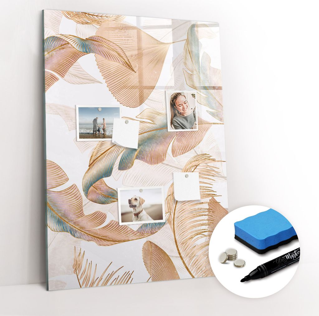 Magnetpinnwand Memoboard - Zubehörsatz - Schwarzer Marker + Schwamm + Magnete - 70 x 100 cm - Vogelfedern-Muster