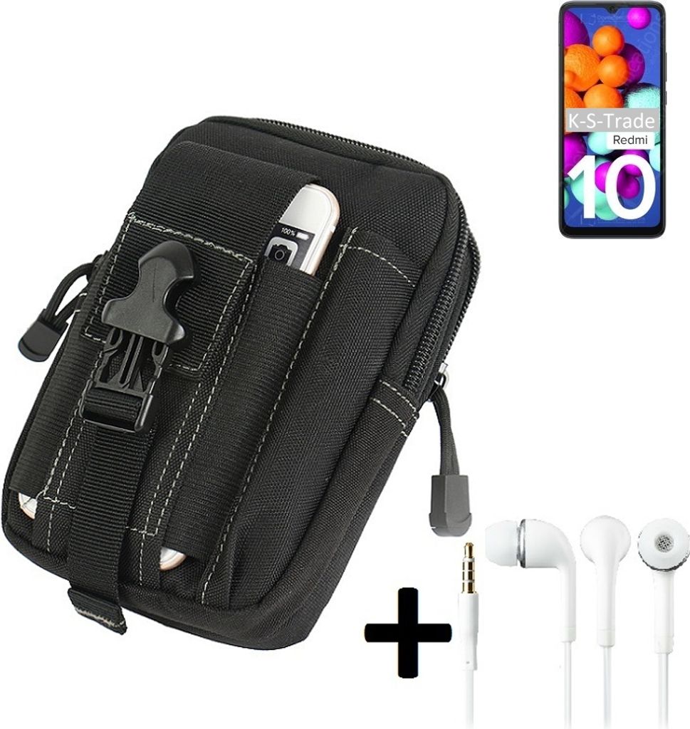 K-S-Trade Gürteltache + Kopfhörer kompatibel mit Xiaomi Redmi 10 India Gürtel Tasche Holster Schutz Hülle Handy Hülle schwarz inkl. Extrafächer