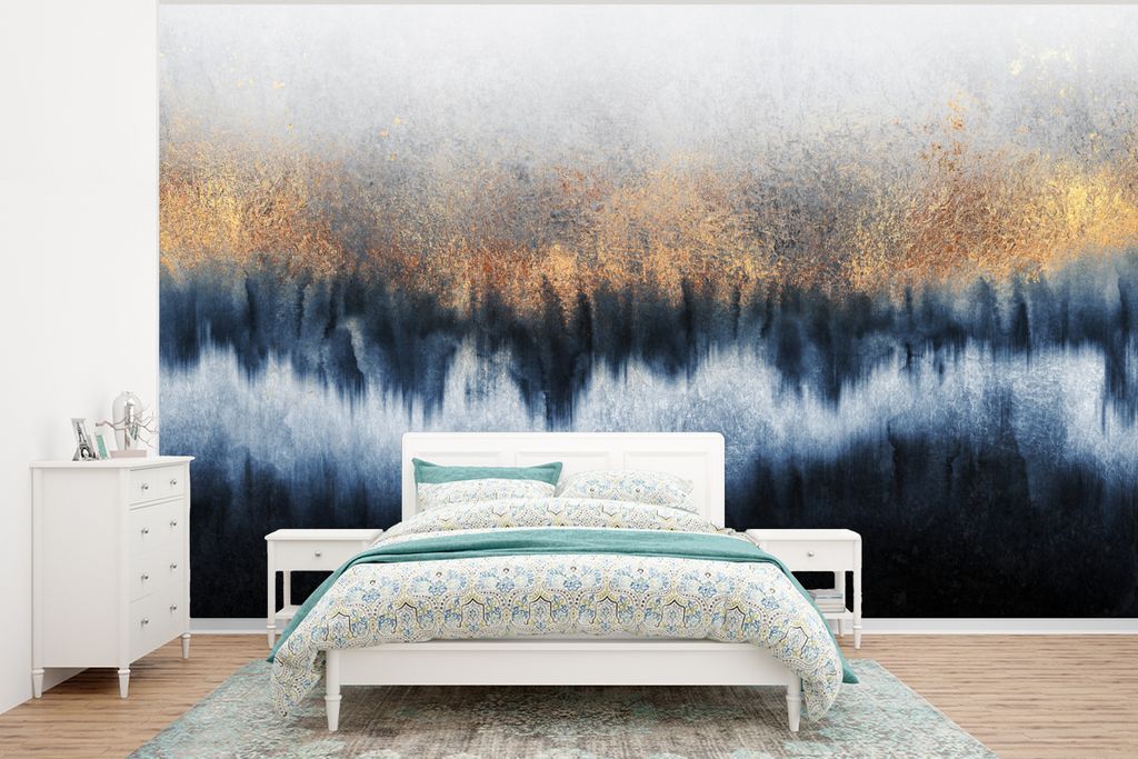 MuchoWow Fototapete für Wohnzimmer oder Schlafzimmer Wandtapete Vinyl Motivtapete Abstrakt - Gold - Luxus - Blau - 400x300 cm - Papiertapeten
