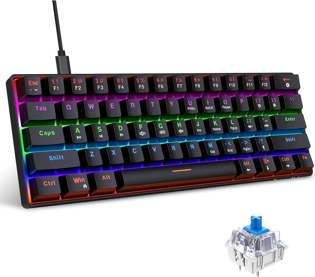Snpurdiri 60% Mechanische Gaming Tastatur, 61 Tasten, Kabelgebunden, Blau Schalter, RGB-Hintergrundbeleuchtung, Ultrakompakt, Anti-Ghosting