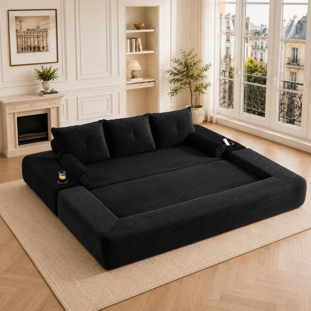 okwish Dreisitzer Wohnzimmersofa mit Getränkehalter und Tasche, Klappsofa mit Zierkissen, Schlafsofa, für kleine Wohnungen,Schwarz