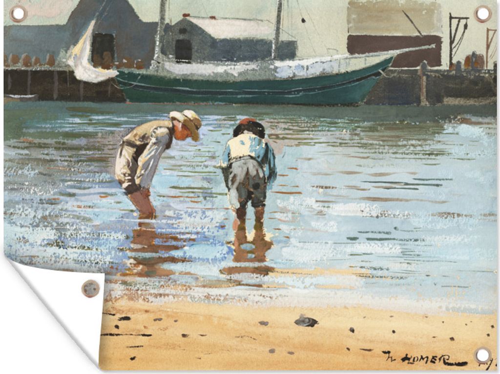 MuchoWow 80x60 cm Outdoor-Poster Gartendeko Sichtschutz Garten Poster für den Garten Jungen beim Waten - Gemälde von Winslow Homer