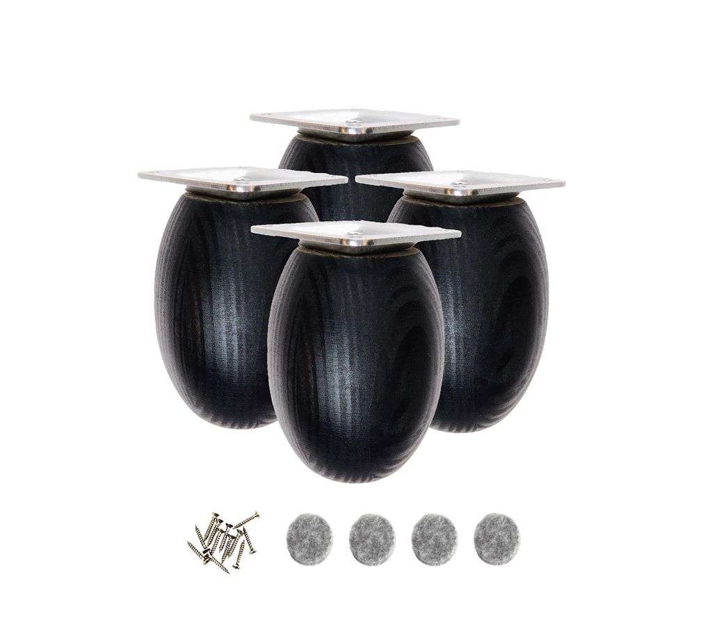 Four black wooden furniture legs with silver tops and a pile of screws and felt pads.