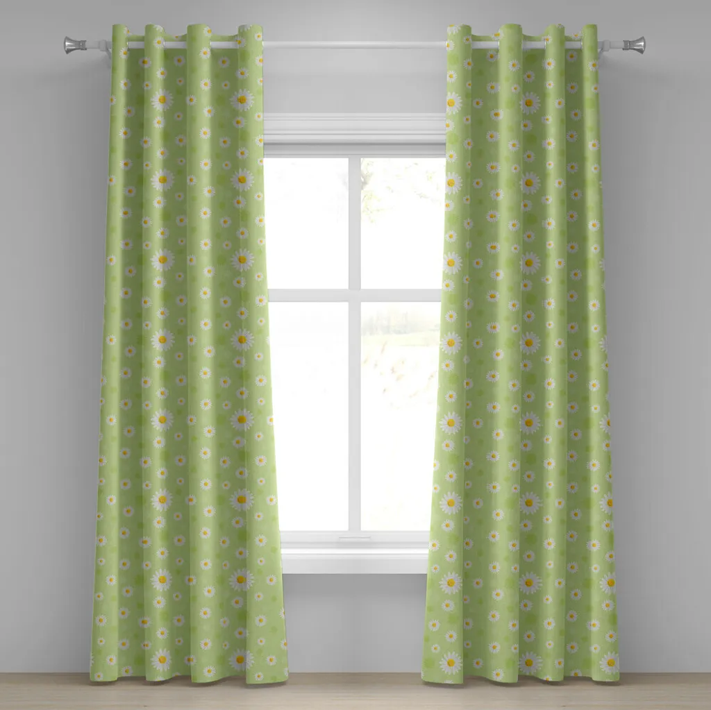 Paire de rideaux décoratifs marguerites vert et jaune - 280x175 cm