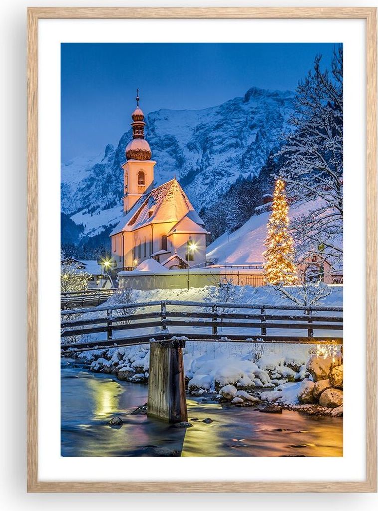 Gerahmtes Poster - Rahmen in heller Eiche - Festlich Kirche Schnee - 50x70 cm - Wand Bild - Wanddeko - Wandbilder - Kunstposter - Wandposter - Bild...