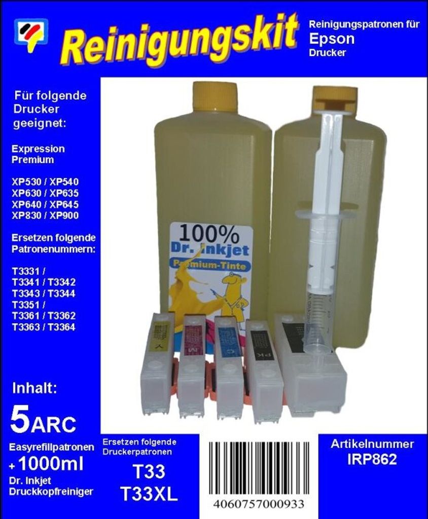 IRP862 - T33- Dr.Inkjet Druckkopfreinigungspatronen Clean-Multipack mit 1000ml Dr. Inkjet Druckkopfreiniger - ersetzen T33