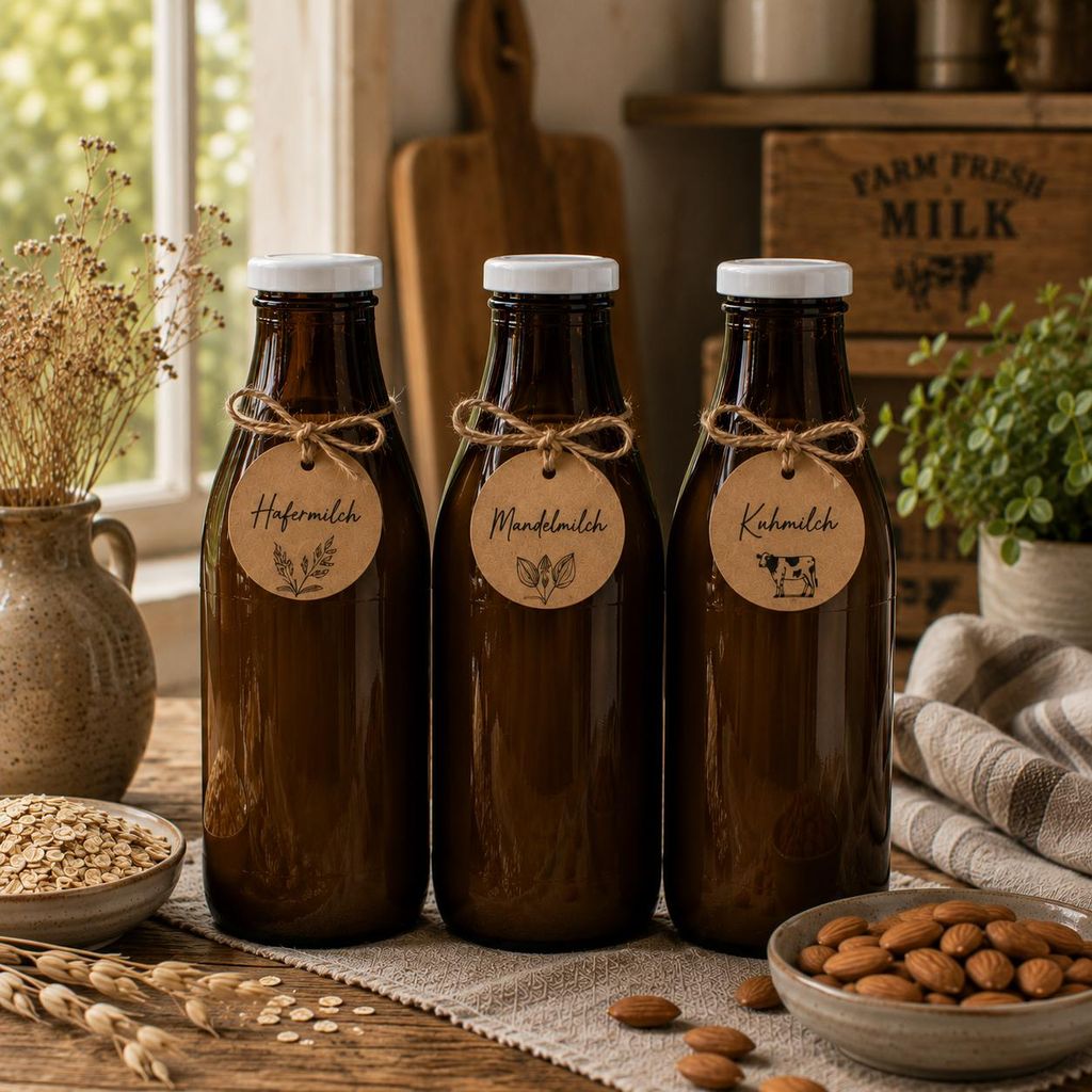 Milchflasche 1 Liter Glasflasche braun mit 9 Flaschen & 18