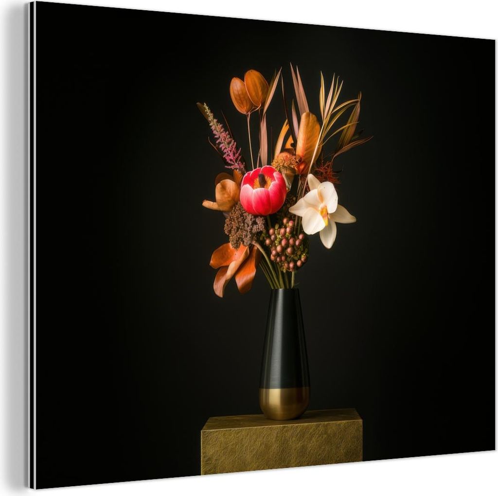MuchoWow Wanddekoration Metall Metallbild Wandkunst 40x30 cm Blumenstrauß - Orange - Gold - Vase MuchoWow Aluminium Gemälde - Dekoration Wohnzimmer