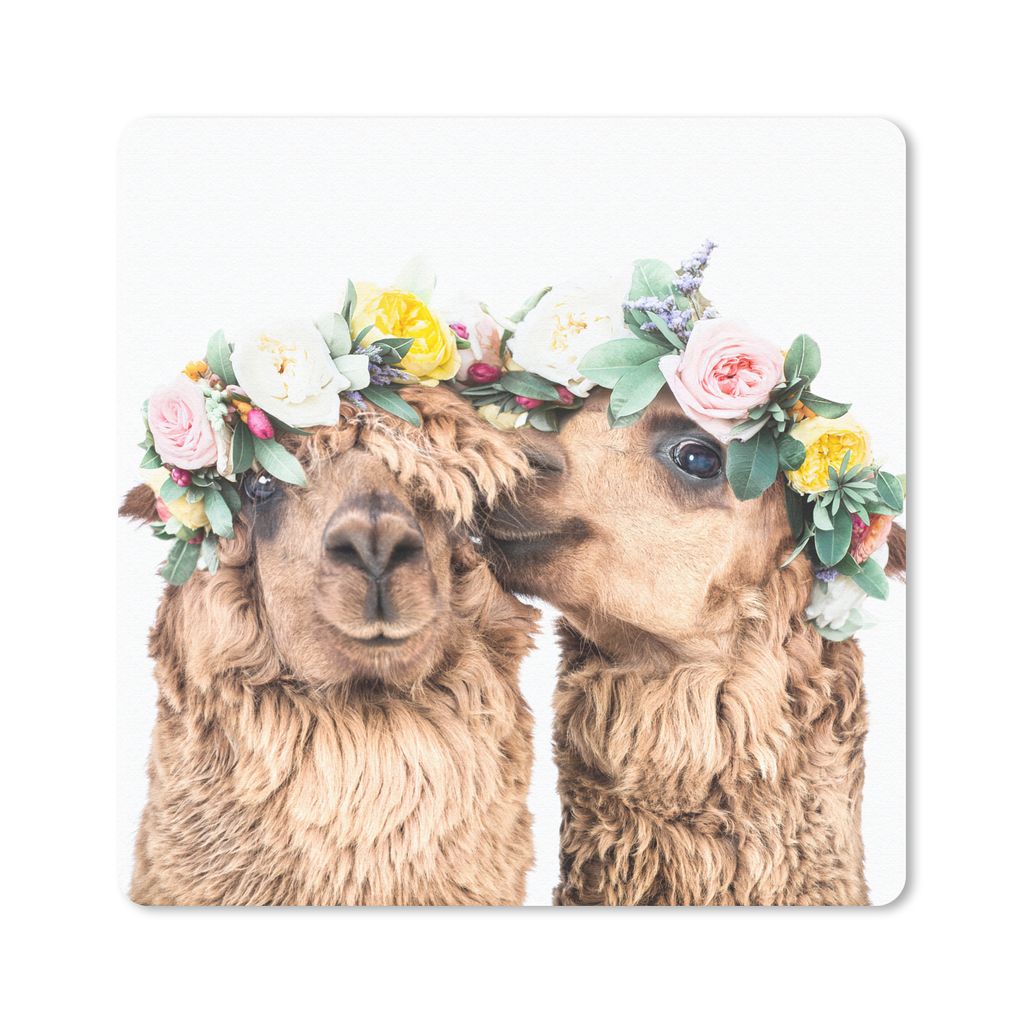 MuchoWow Mauspad Mousepad Alpaka - Blumen - Tiere - Natur 20x20 cm - Mousepads - Maus Mat - Pad - Mausunterlage - Desk Mat - Bureauartikeln