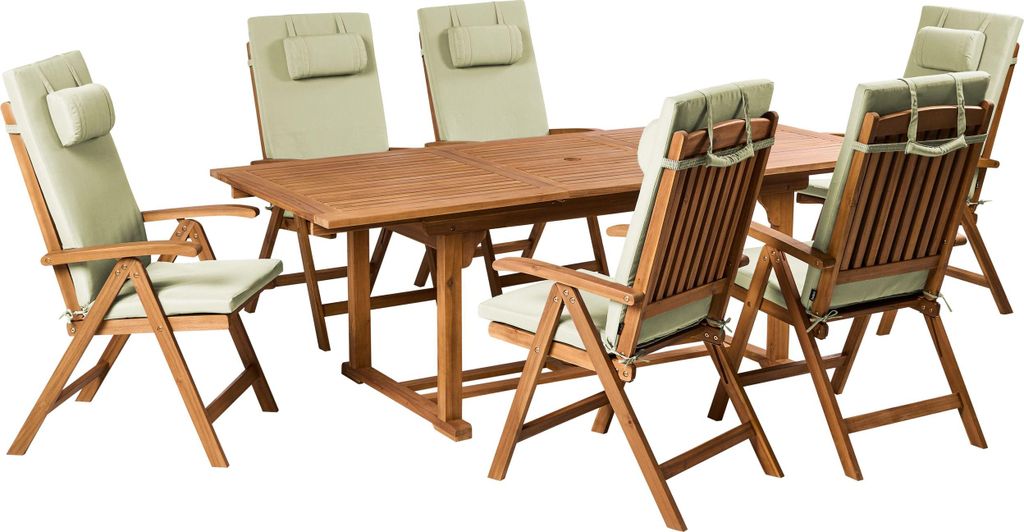 BELIANI Gartenmöbel Set Braun Akazienholz 6-Sitzer Auflagen Grün Ausziehbarer Rechteckiger Tisch Rustikal Landhaus Stil Outdoor