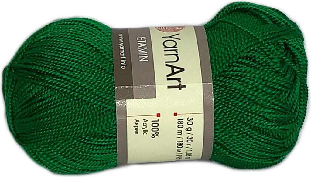 A ball of green yarn on a white background.
