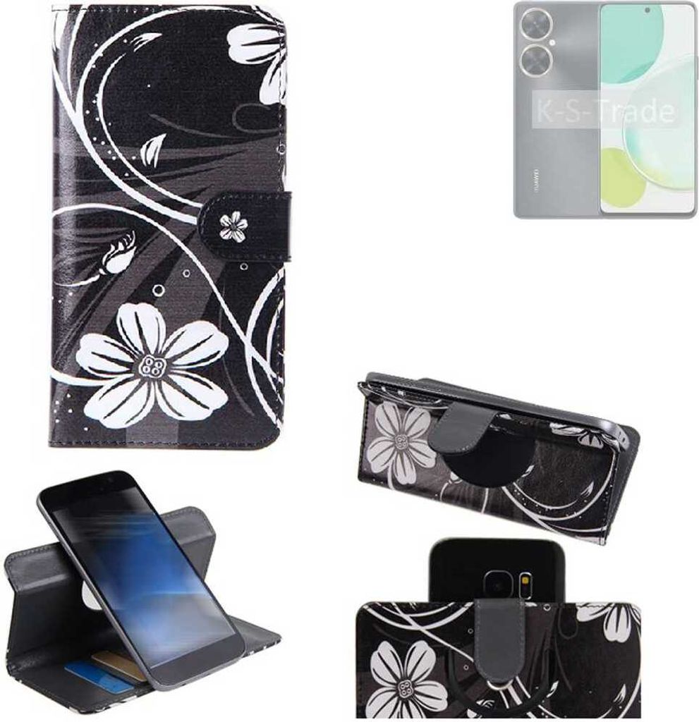 K-S-Trade Schutzhülle Handyhülle kompatibel mit Huawei Enjoy P60 Pro Hülle 360° Wallet Case “Flowers“ Klapphülle Hülle schwarz-weiß 1x
