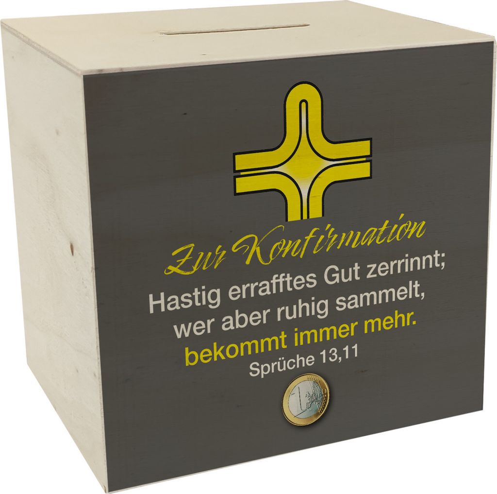 Sprüche 13,11 Bibelvers Spardose aus Holz in grau zur Konfirmation