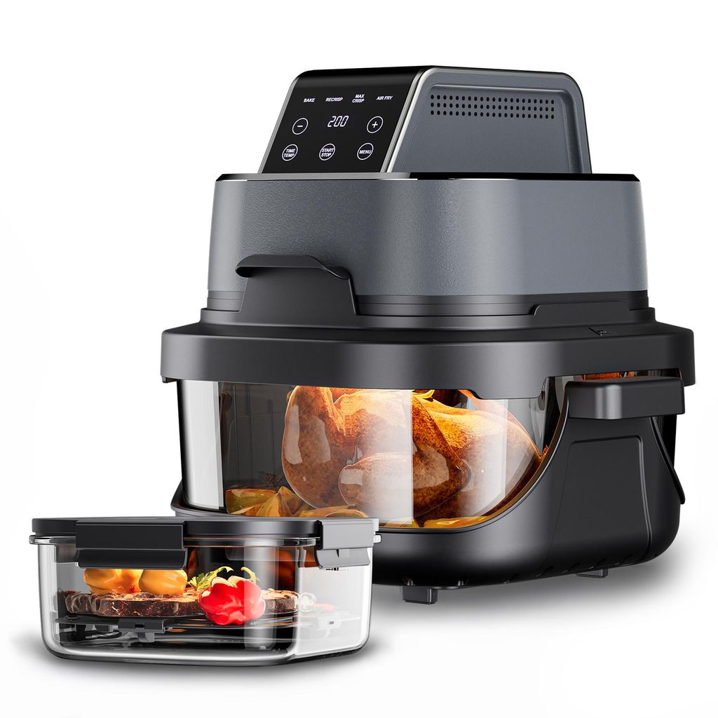 GTPLAYER Airfryer, Multifunktionale Heißluftfritteuse 4 Liter mit mit Easy-View-Fenster, Glasbehälter, Hi-Fry, automatische Abschaltung, digital