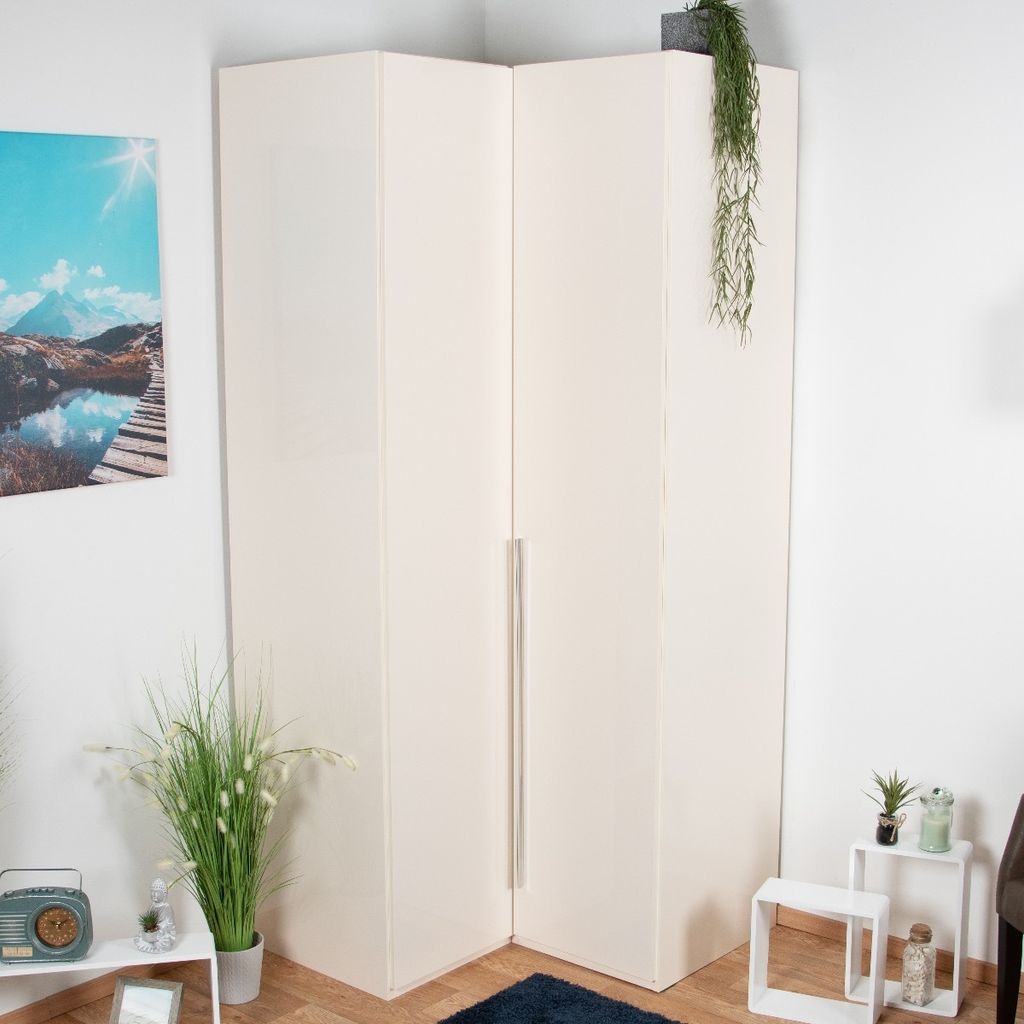 Drehtürenschrank / Eckkleiderschrank Siumu 04, Farbe: Beige / Beige Hochglanz - 224 x 100/102 x 56 cm (H x B x T)