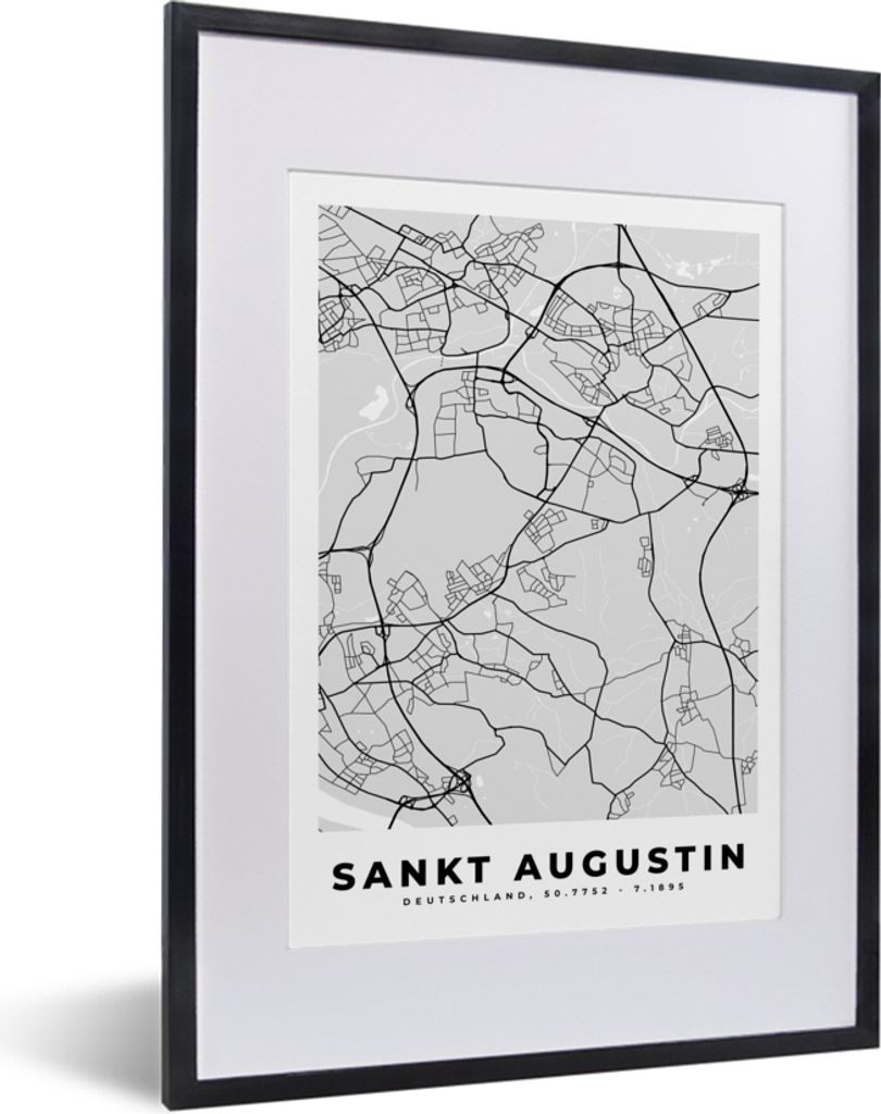 MuchoWow Gerahmtes Poster Stadtplan - Sankt Augustin - Karte - Deutschland 30x40 cm - Poster mit Schwarzem Bilderrahmen Wandposter Rahmen Foto Bi...