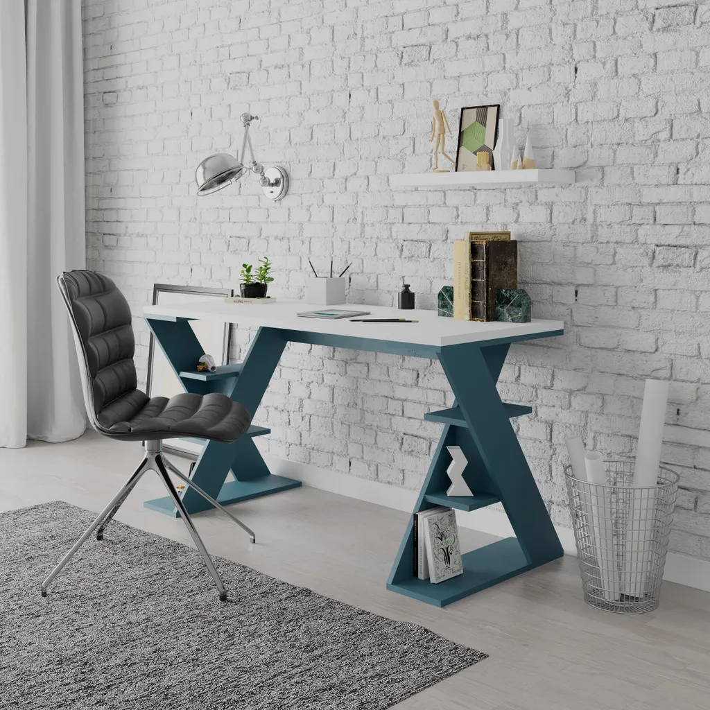 Table de Travail Papillon Design Blanc et Turquoise Haute Résistance
