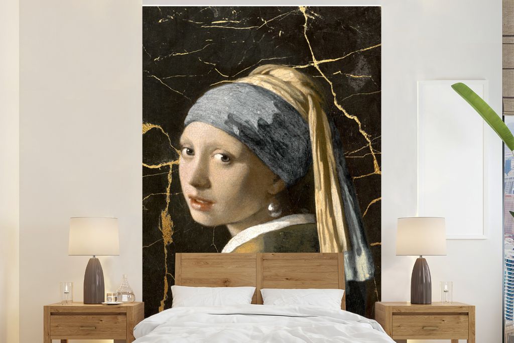 MuchoWow Fototapete für Wohnzimmer oder Schlafzimmer Wandtapete Vinyl Motivtapete Mädchen mit einem Perlenohrring - Johannes Vermeer - Gold - 2...