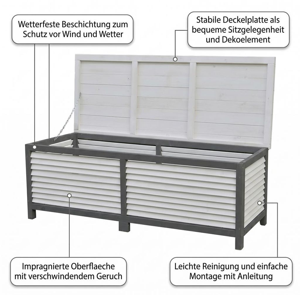 Mucola Auflagenbox Holz 140cm Grau/Weiß