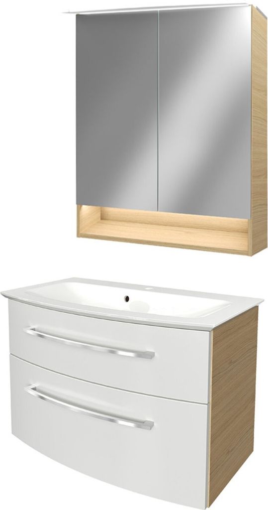 Fackelmann B.STYLE Badmöbel Set 3-teilig, 83 cm, Weiß/Braun + LED-Spiegelschrank