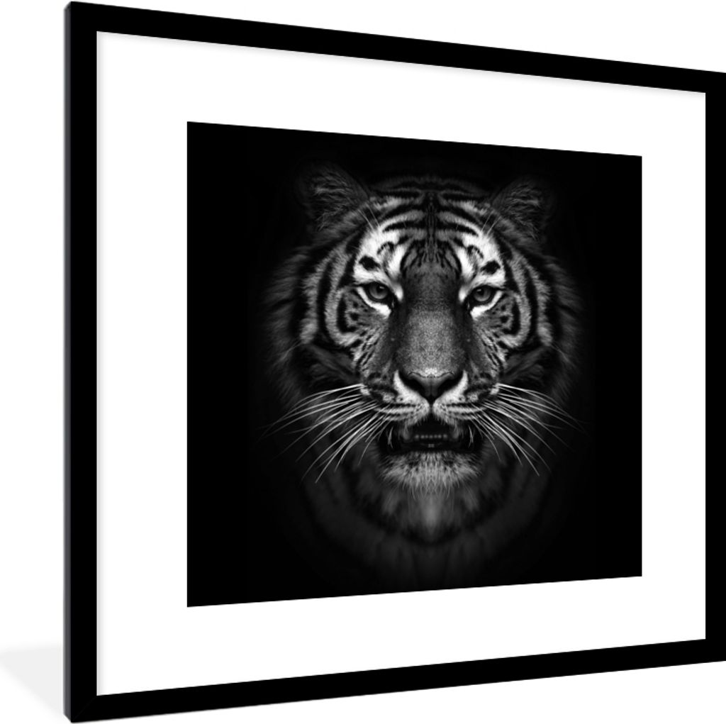 MuchoWow Gerahmtes Poster Tiger - Tiere - Schwarz - Weiß - Porträt - Wild 40x40 cm - Poster mit Schwarzem Bilderrahmen Wandposter Rahmen Foto B...