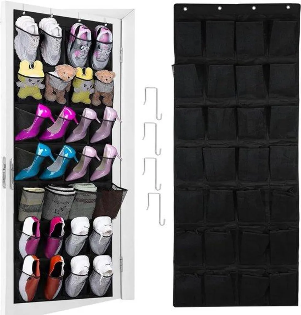 Rangement chaussures suspendu 28 compartiments pliable en tissu noir uni
