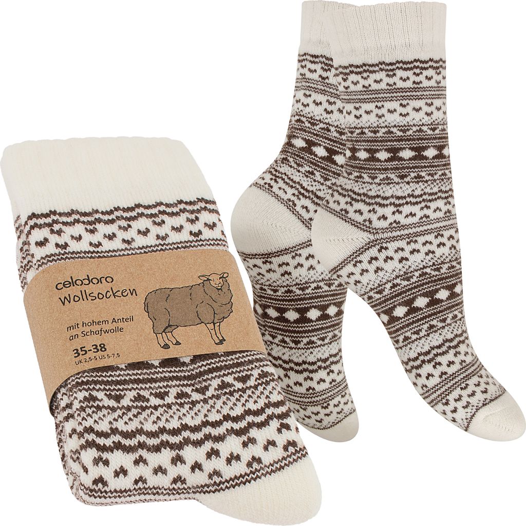 Celodoro Damen & Herren Frottee-Wollsocken mit Muster (1 Paar) - Creme mit Braun 39-42