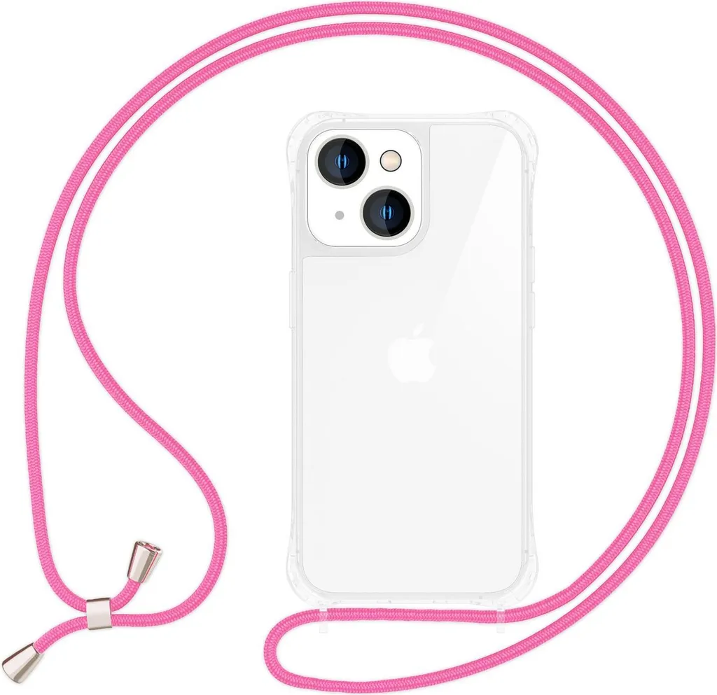 Custodia con catena per iPhone 14 - Custodia trasparente per cellulare con cinturino in corda da appendere rosa