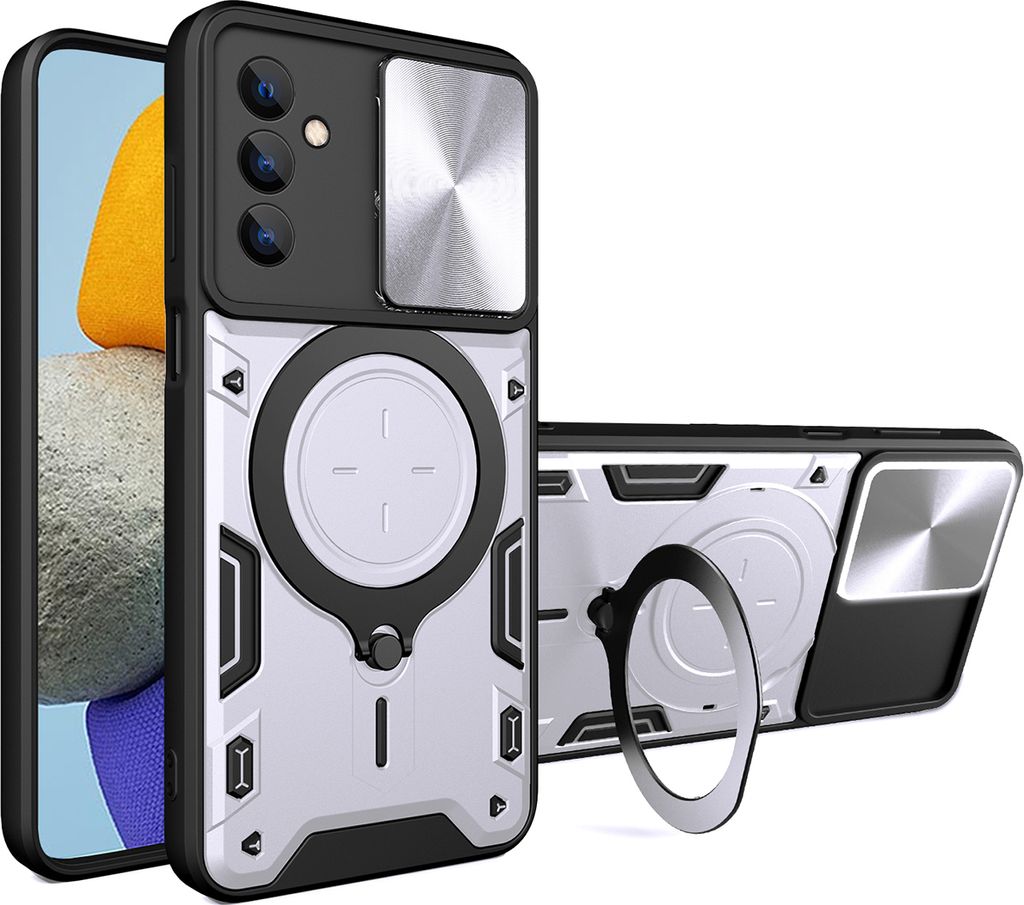 Handyhülle für Samsung Galaxy M23 / F23 / M13 Dual-Layer Stoßfest Rüstung Hülle mit Dia Kameraschutz und Kreisförmig Ring Ständer Silber