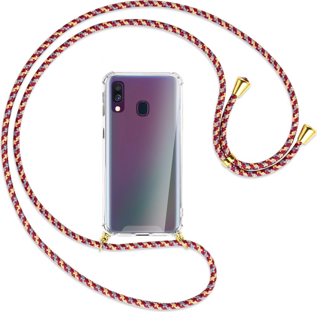 Handykette Backcover-Schutzhülle mit Band (Metall goldfarben) für Samsung Galaxy A40 - weinrot/gelb/grau
