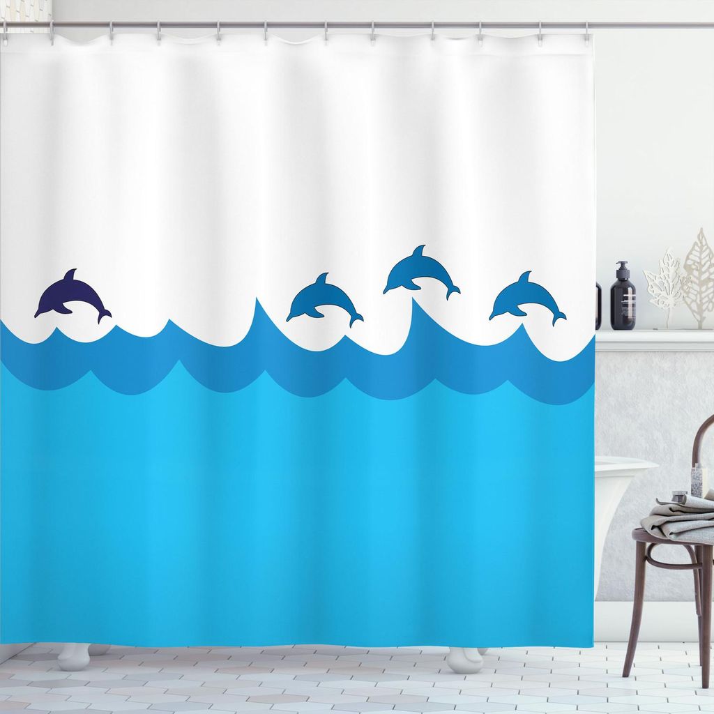 ABAKUHAUS Meerestiere Duschvorhang, Blei und drei Delphine Shadow auf Wellen Oceanlife Maritime Theme Image, 175 x 240 cm, Türkis Blau
