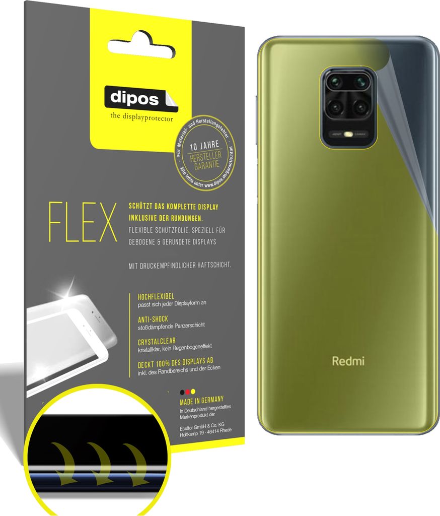 3x Schutzfolie für Xiaomi Redmi Note 9 Pro Rückseite Folie, 100% Displayabdeckung, dipos Flex
