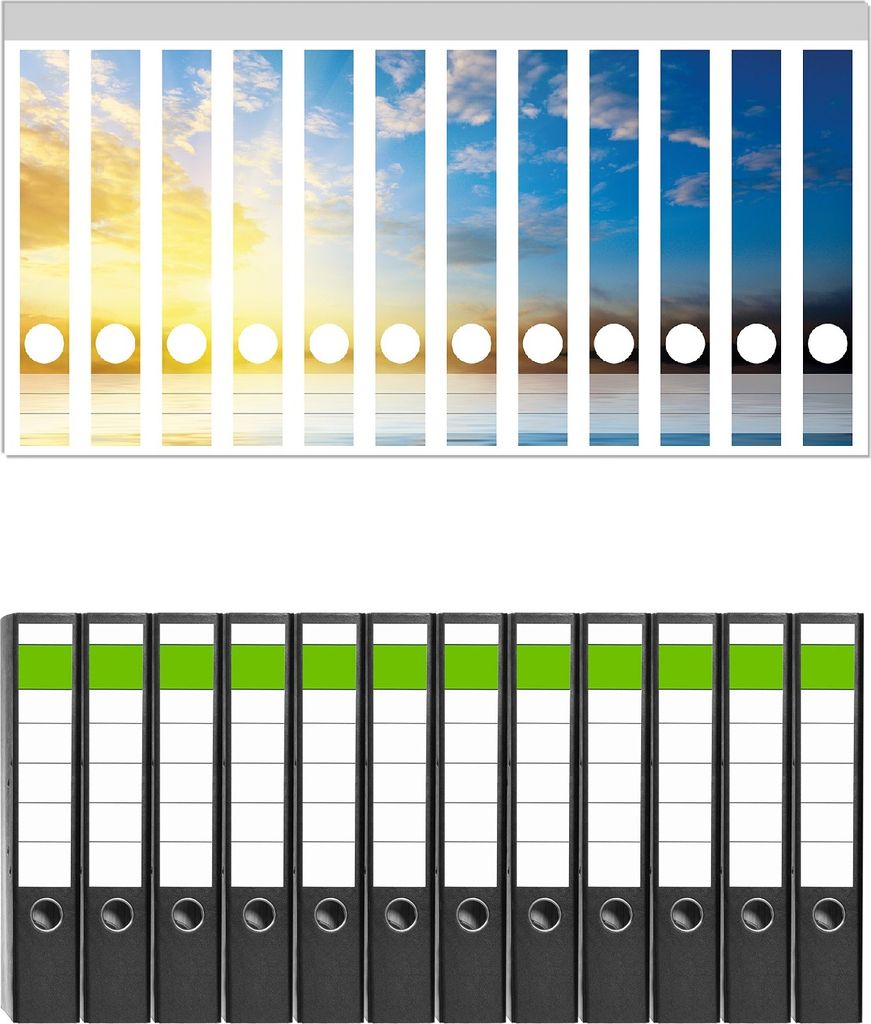 Wallario 12 Stück schmale Ordner inkl. Klebeetiketten mit Motive Sonnenuntergang über dem Meer I - Set mit Rückenschildern / Ordnerrücken Stic...